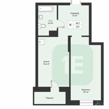 Продается 1-комнатная квартира, 46,3 м²