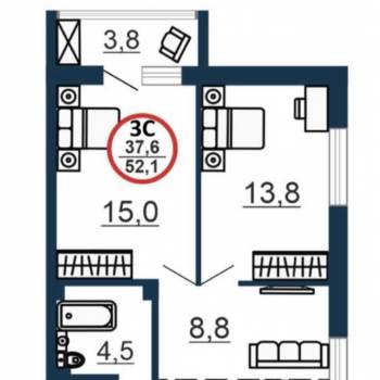 Продается 2-х комнатная квартира, 52 м²