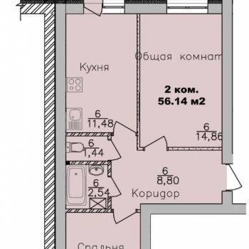 Продается 2-х комнатная квартира, 56,14 м²