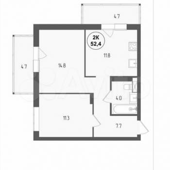 Продается 2-х комнатная квартира, 52,4 м²