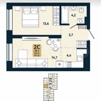 Продается 2-х комнатная квартира, 42,6 м²