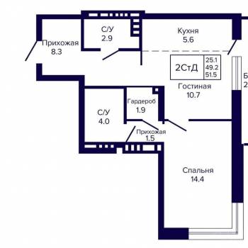Продается 2-х комнатная квартира, 51,5 м²