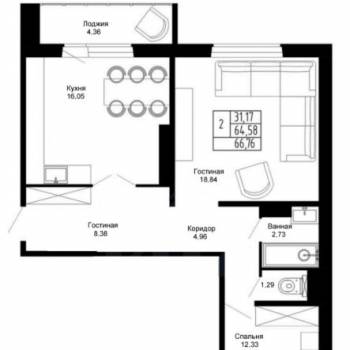 Продается 2-х комнатная квартира, 66,76 м²
