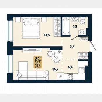 Продается 2-х комнатная квартира, 42,6 м²