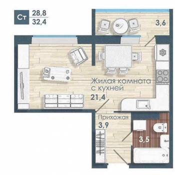 Сдается 1-комнатная квартира, 32,4 м²