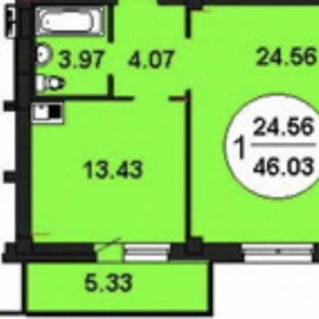 Продается 1-комнатная квартира, 46,03 м²