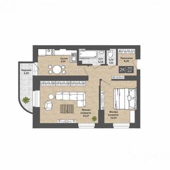 Сдается 2-х комнатная квартира, 61 м²