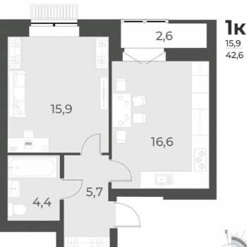 Продается 1-комнатная квартира, 42,6 м²
