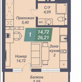 Продается 1-комнатная квартира, 26 м²