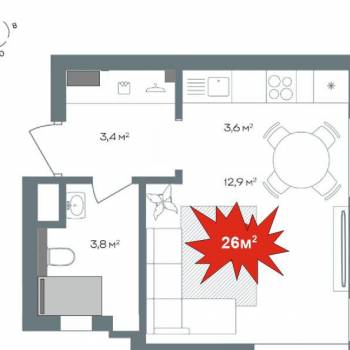 Продается 1-комнатная квартира, 26 м²