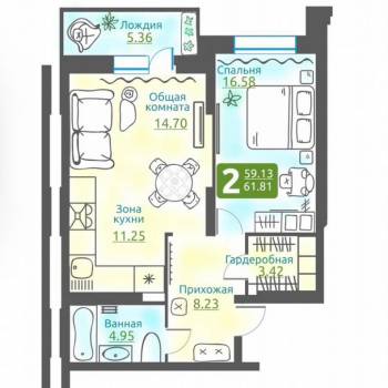 Продается 2-х комнатная квартира, 58,9 м²