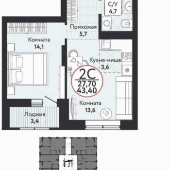 Продается 1-комнатная квартира, 43,4 м²