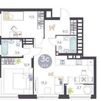 Сдается Многокомнатная квартира, 61 м²