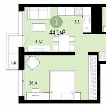 Продается 1-комнатная квартира, 42,2 м²