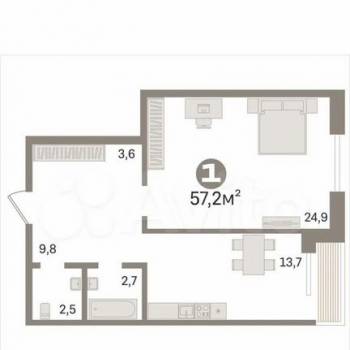 Продается 1-комнатная квартира, 57,2 м²