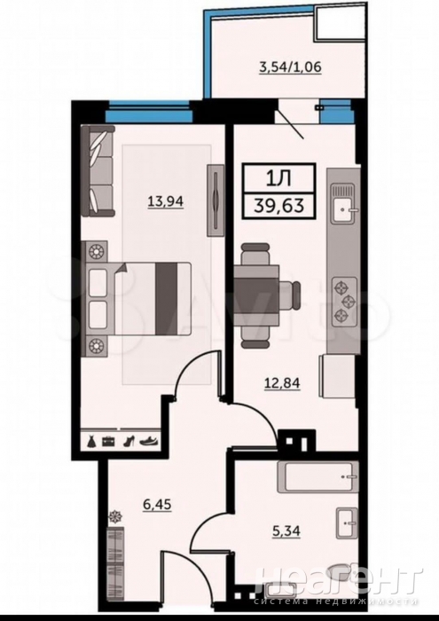 Продается 1-комнатная квартира, 39 м²