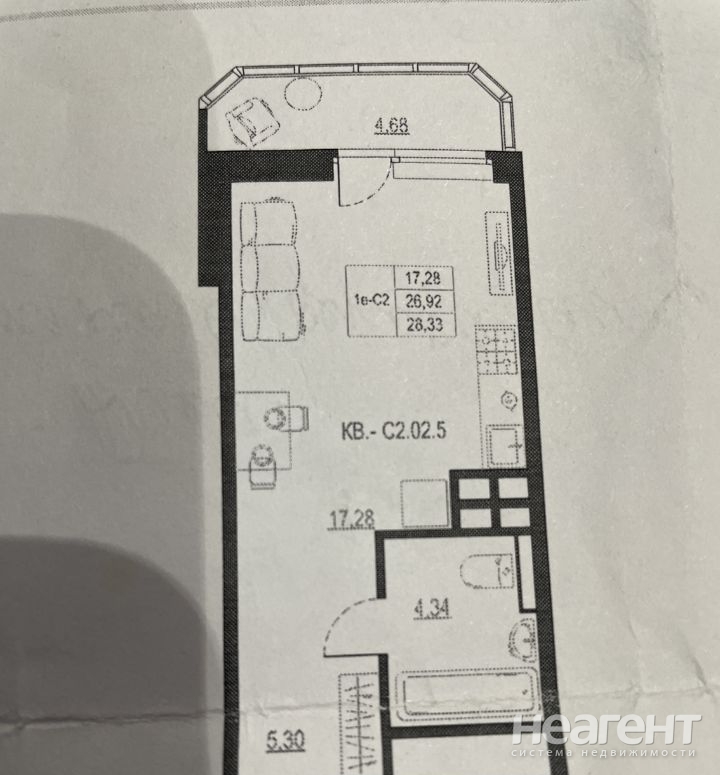 Продается 1-комнатная квартира, 28,32 м²