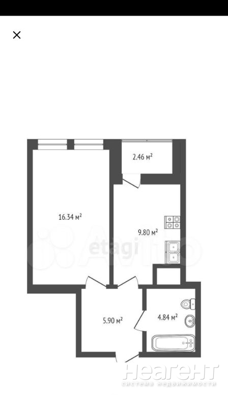 Продается 1-комнатная квартира, 39,1 м²