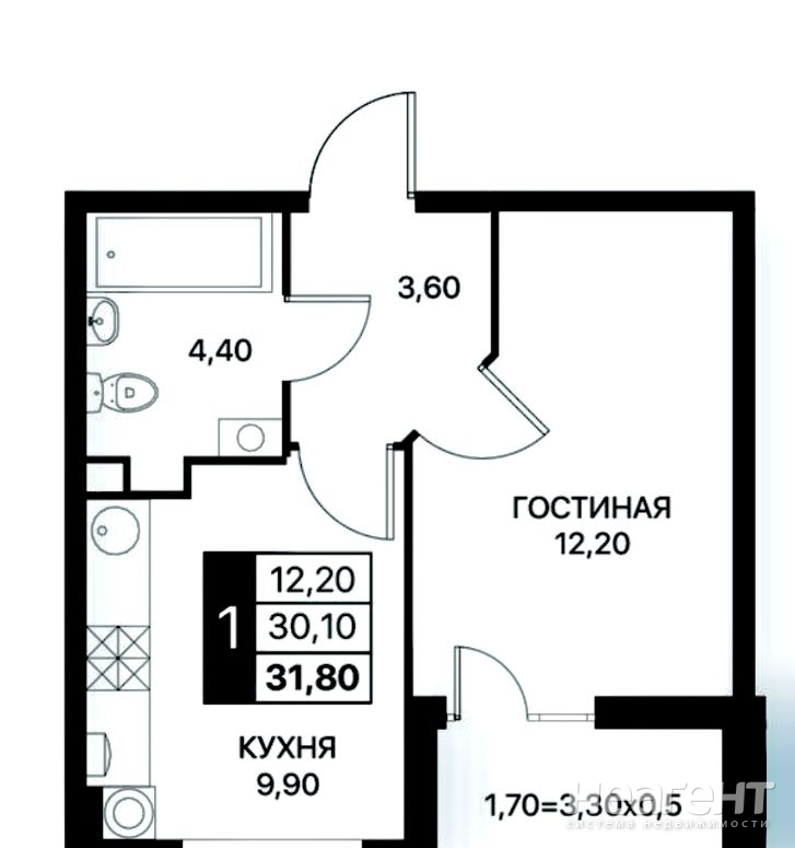 Продается 1-комнатная квартира, 31,8 м²