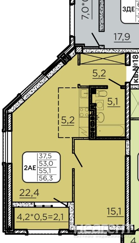 Продается 2-х комнатная квартира, 56 м²