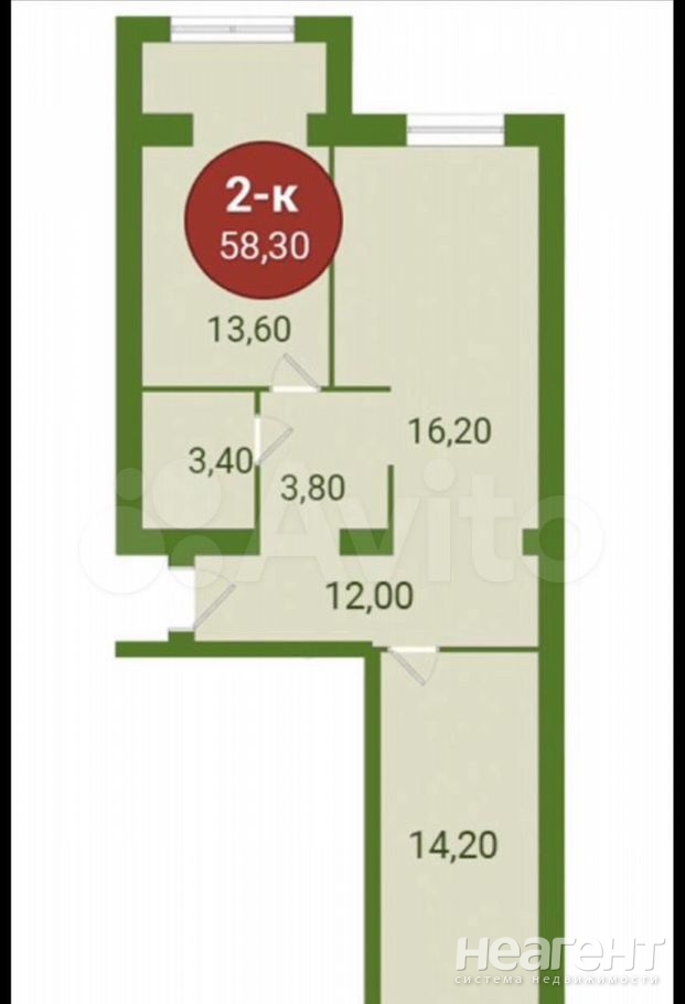 Продается 2-х комнатная квартира, 59,3 м²