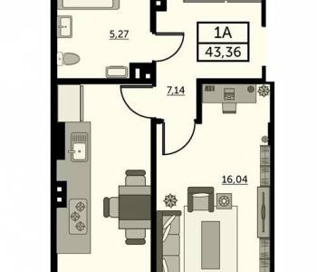 Продается 1-комнатная квартира, 43,41 м²