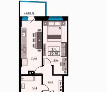 Продается 1-комнатная квартира, 39,79 м²