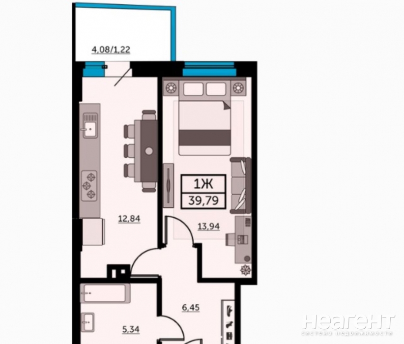 Продается 1-комнатная квартира, 39,79 м²