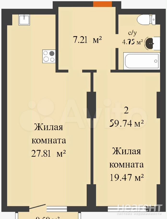 Продается 2-х комнатная квартира, 60 м²