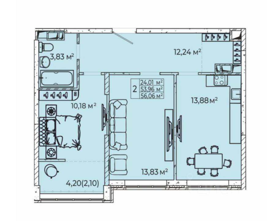 Продается 2-х комнатная квартира, 56 м²