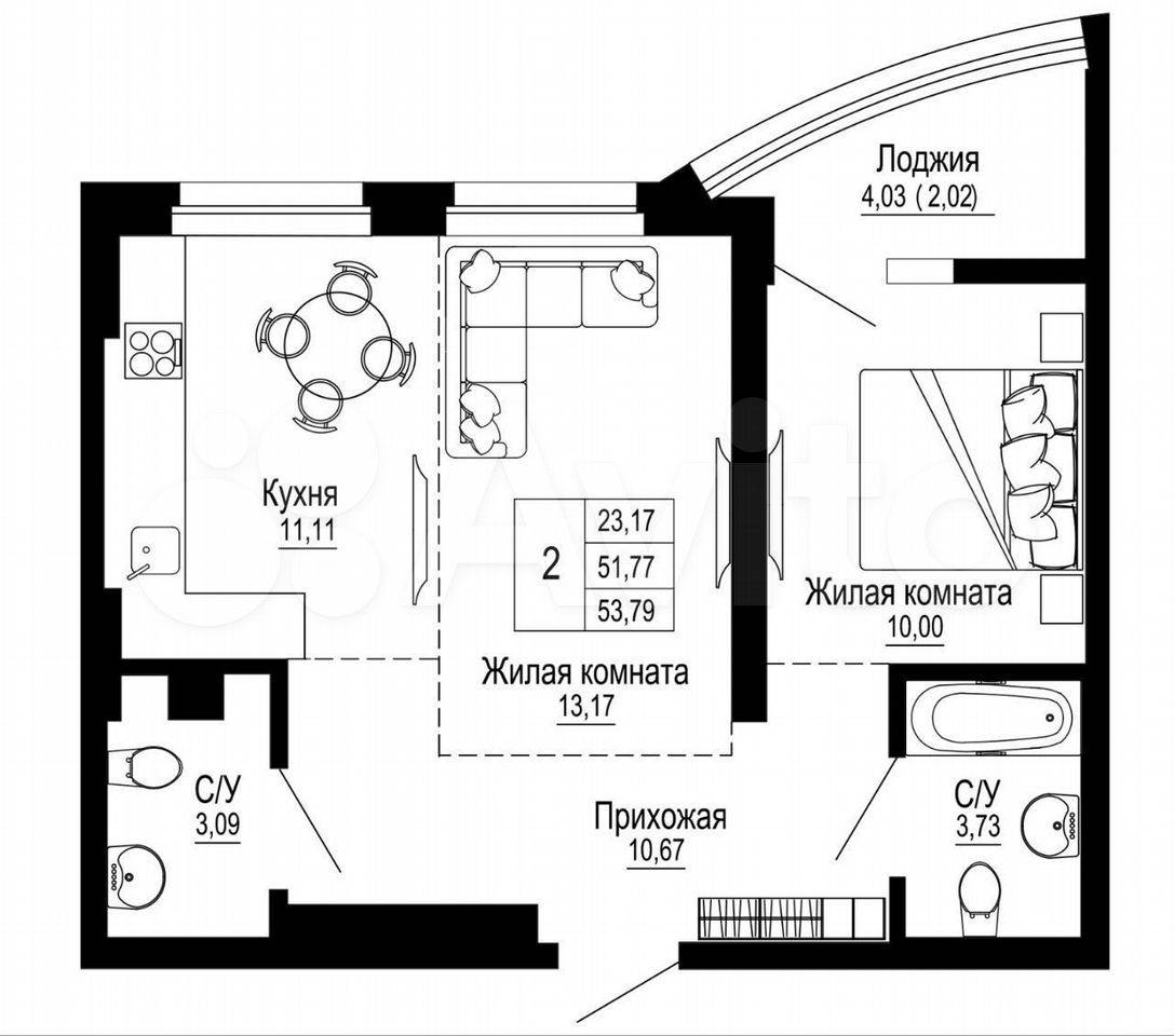 Продается 2-х комнатная квартира, 53,8 м²