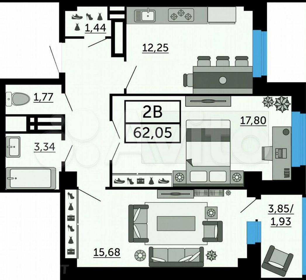 Продается 2-х комнатная квартира, 62,1 м²