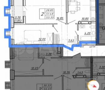 Продается 2-х комнатная квартира, 53,3 м²