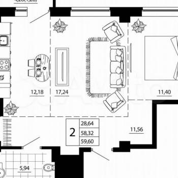 Продается 2-х комнатная квартира, 59,6 м²