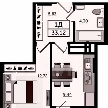 Продается 1-комнатная квартира, 33,12 м²