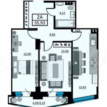 Продается 2-х комнатная квартира, 55,9 м²