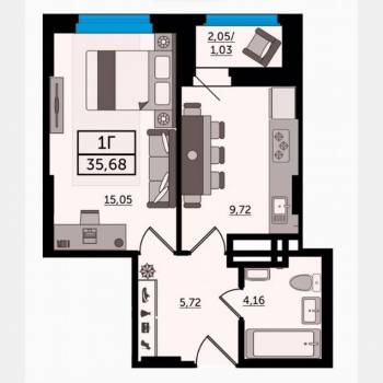 Продается 1-комнатная квартира, 35,7 м²