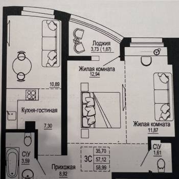 Продается 3-х комнатная квартира, 59,42 м²