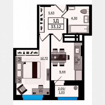 Продается 1-комнатная квартира, 33,1 м²