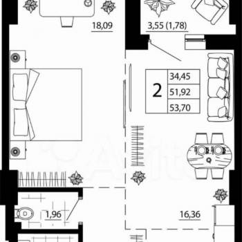 Продается 1-комнатная квартира, 51,1 м²