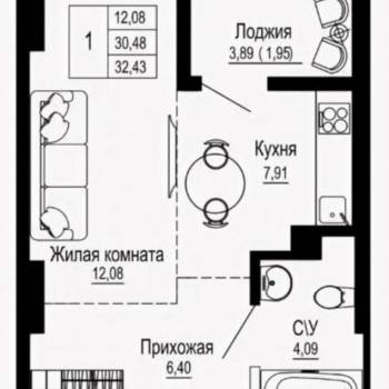Продается 1-комнатная квартира, 34 м²