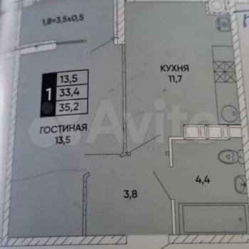 Продается 1-комнатная квартира, 35,2 м²