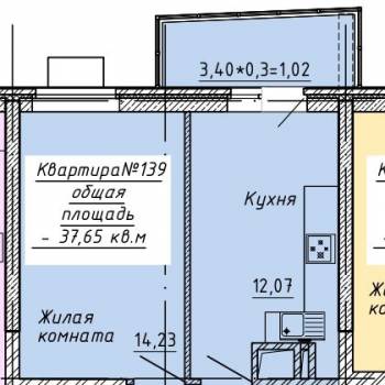 Продается 1-комнатная квартира, 37,65 м²