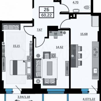 Продается 2-х комнатная квартира, 60 м²