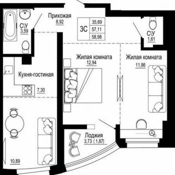 Продается 3-х комнатная квартира, 57,5 м²