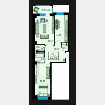 Продается 2-х комнатная квартира, 62,9 м²