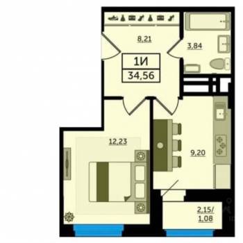 Продается 1-комнатная квартира, 34,56 м²