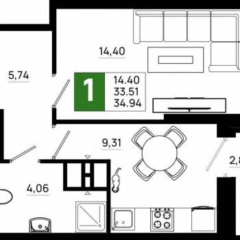 Продается 1-комнатная квартира, 34 м²