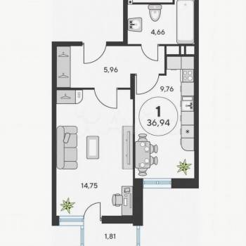 Продается 1-комнатная квартира, 37 м²