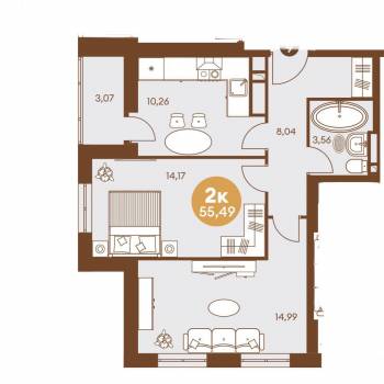 Продается 2-х комнатная квартира, 55,48 м²